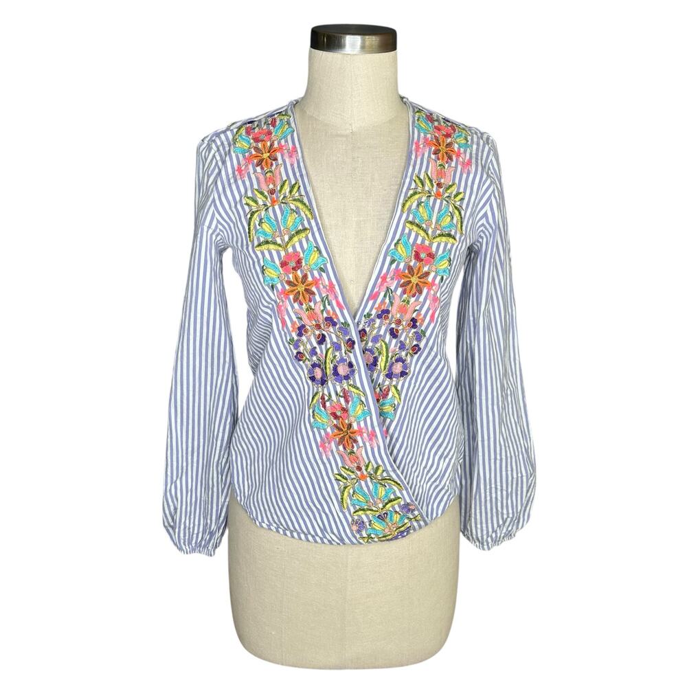 ANTHROPOLOGIE Artemis Embroidered Blouse Surplice V-Neck Women's Size Small